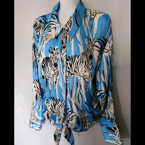 Zara Blue and Black Zebra-Print Tie-Front Blouse - Picture 3 of 5